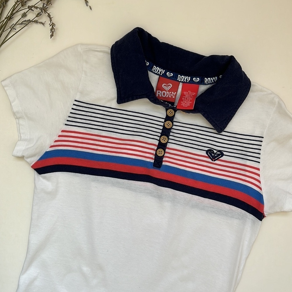 Roxy Girl Cotton 90s Y2K Style Sports Tennis Striped Chest Polo Top Shirt Tee - Picture 4 of 8